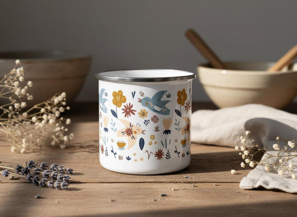 A white enamel mug featuring a repeating pattern of stylised blue birds, yellow flowers, and brown floral elements. The mug has a smooth white interior and a metallic silver rim, showcasing a clean, cylindrical shape and a flat base.