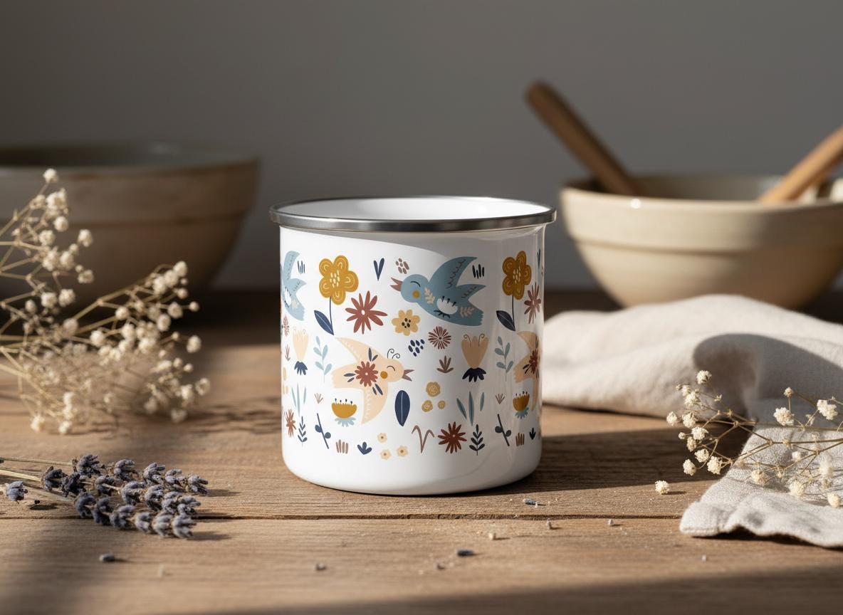 A white enamel mug featuring a repeating pattern of stylised blue birds, yellow flowers, and brown floral elements. The mug has a smooth white interior and a metallic silver rim, showcasing a clean, cylindrical shape and a flat base.