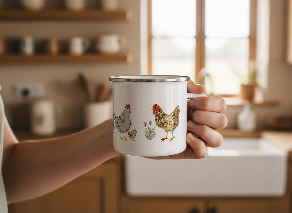 A white enamel mug with a silver rim featuring a printed illustration of a grey hen, a small chick, a green plant, and a textured gold hen. The mug has a smooth cylindrical body and a side handle, showcasing a farm-inspired design.