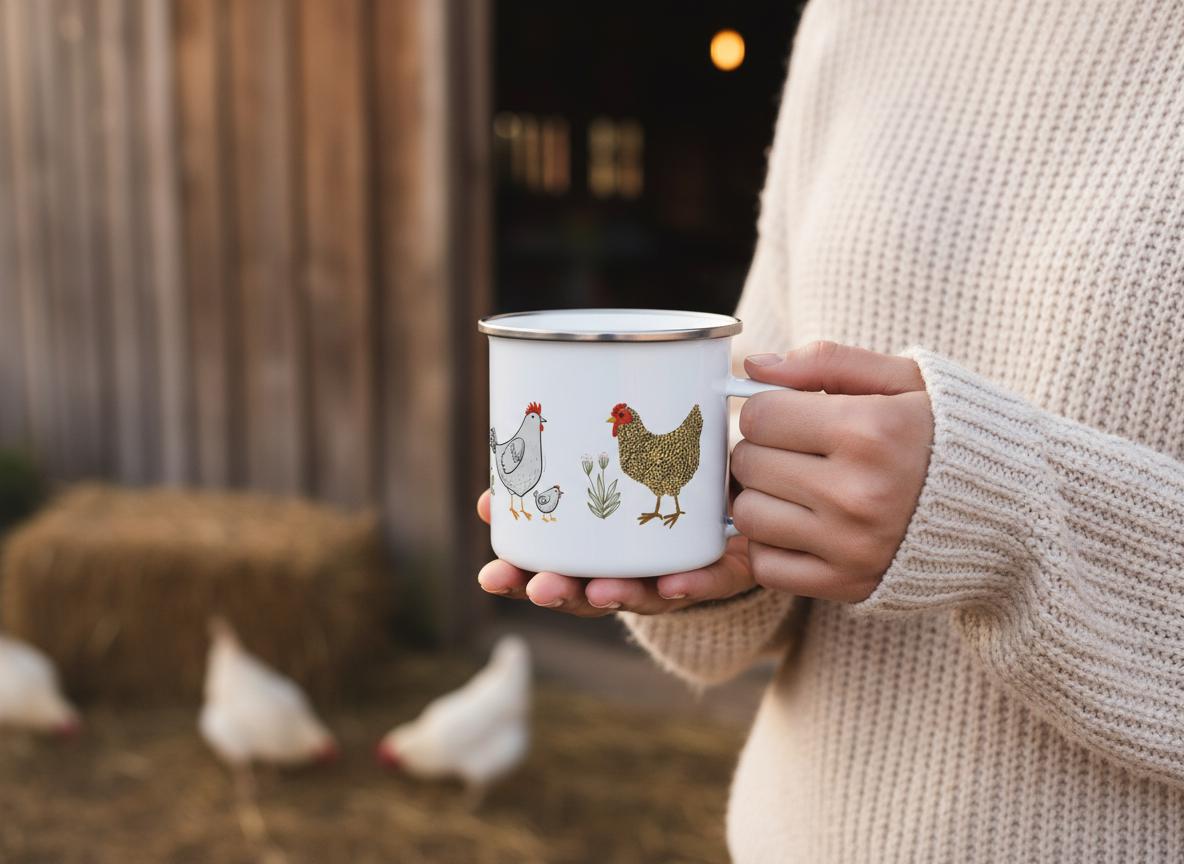 A white enamel mug with a silver rim featuring a printed illustration of a grey hen, a small chick, a green plant, and a brown speckled hen. The mug has a cylindrical body and a side handle, showcasing a farm-themed graphic design.