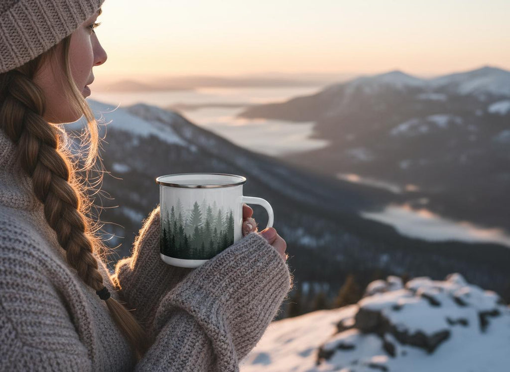 A white enamel mug with a silver rim featuring a dark green forest graphic print. The mug has a side handle and is held in hands wearing a beige knit jumper, with a matching knit beanie visible on the head.