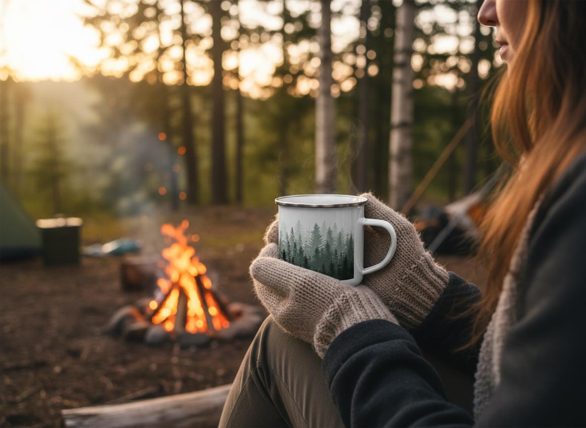 A white enamel mug featuring a dark green forest silhouette print, held by hands wearing beige knit mittens. The mug has a smooth cylindrical body, a curved handle, and a silver-toned rim, showcasing a detailed pine tree graphic.