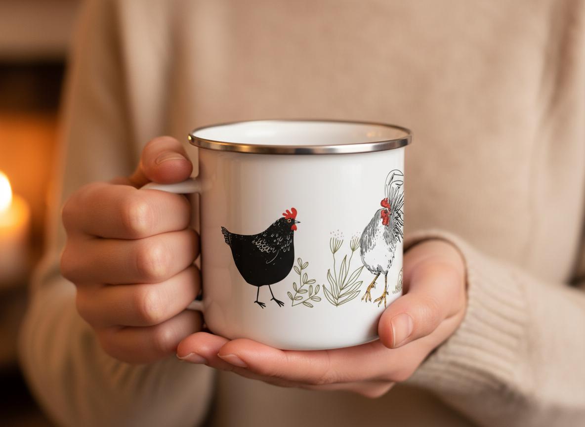 A white enamel mug with a silver rim featuring a black hen with a red comb and a grey rooster with a red comb, separated by green line-art illustrations of plants and foliage. The mug has a smooth finish and a simple handle.