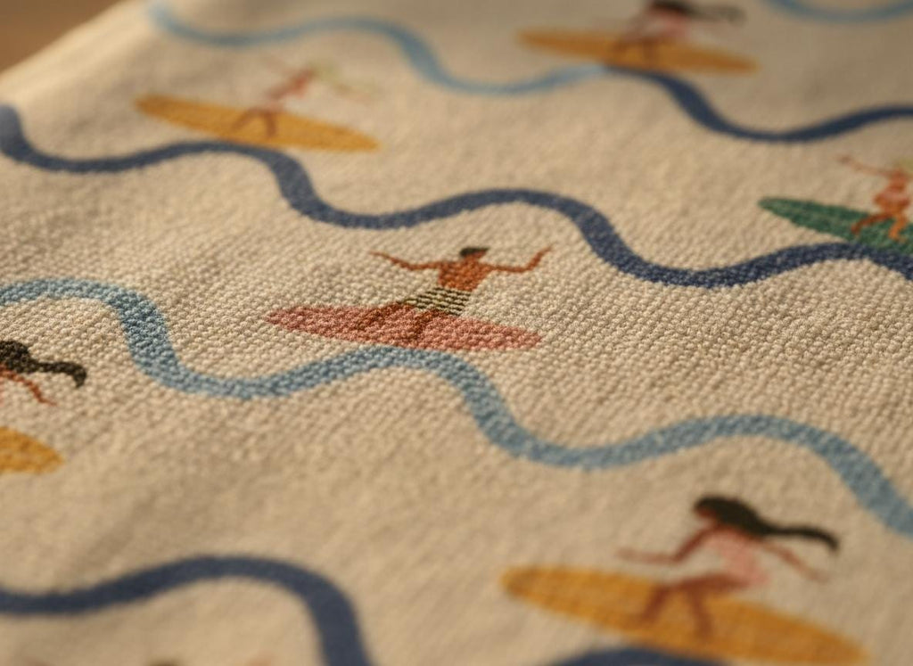 A textured off-white fabric featuring a repeating pattern of blue wavy lines representing water. Small figures are depicted surfing on yellow, pink, and green surfboards across the fabric surface, creating a consistent graphic design.