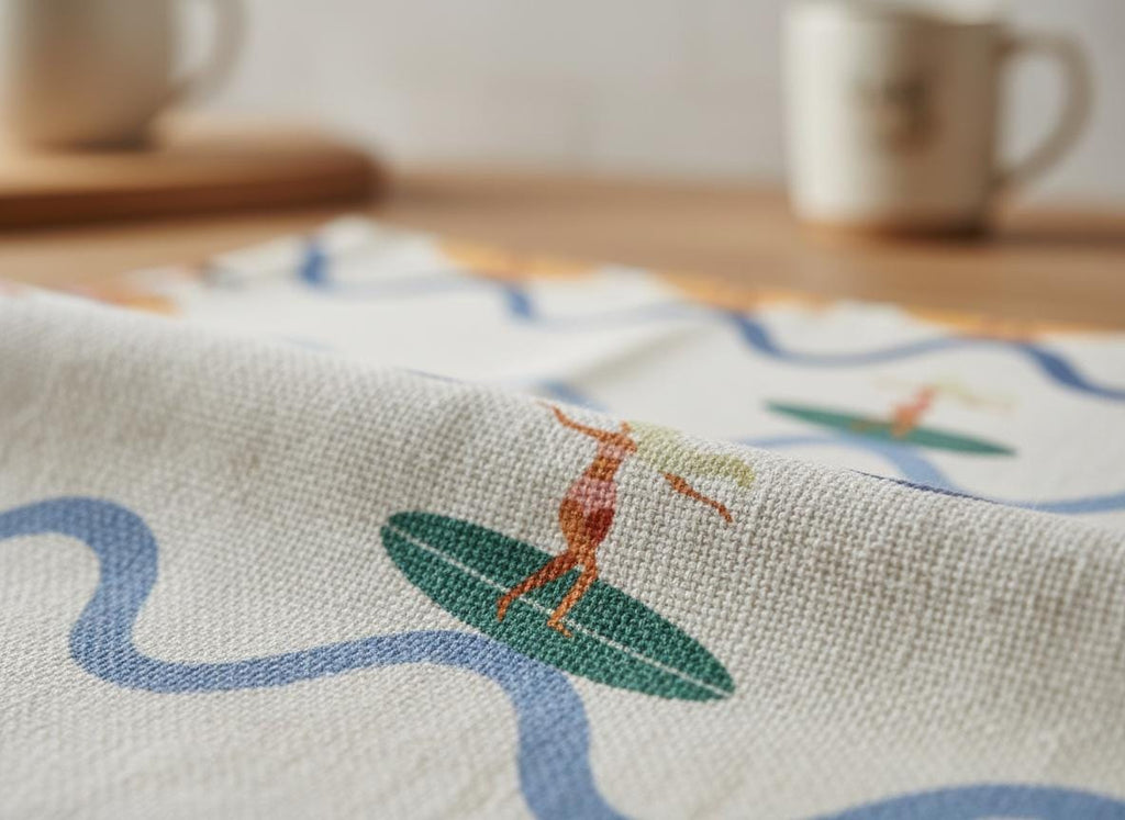 A cream-coloured textile featuring a repeating pattern of small figures standing on green surfboards, interspersed with wavy blue lines and yellow shapes. The fabric has a visible woven texture and is folded in the foreground.