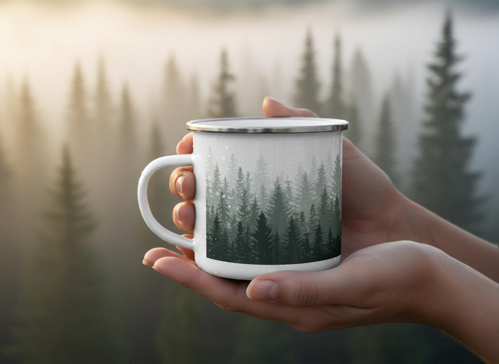 A white enamel mug featuring a wrap-around graphic of a dense forest with dark green pine trees at the base that fade into a lighter, misty grey toward the top. The mug has a smooth, rounded handle and a silver-toned metal rim.