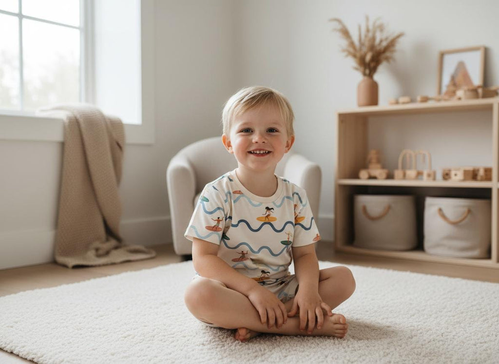 A short-sleeved cream-coloured t-shirt featuring a repeating pattern of blue wavy lines and small illustrations of figures on surfboards. The shirt has a crew neckline and is constructed from a lightweight fabric with a casual fit.