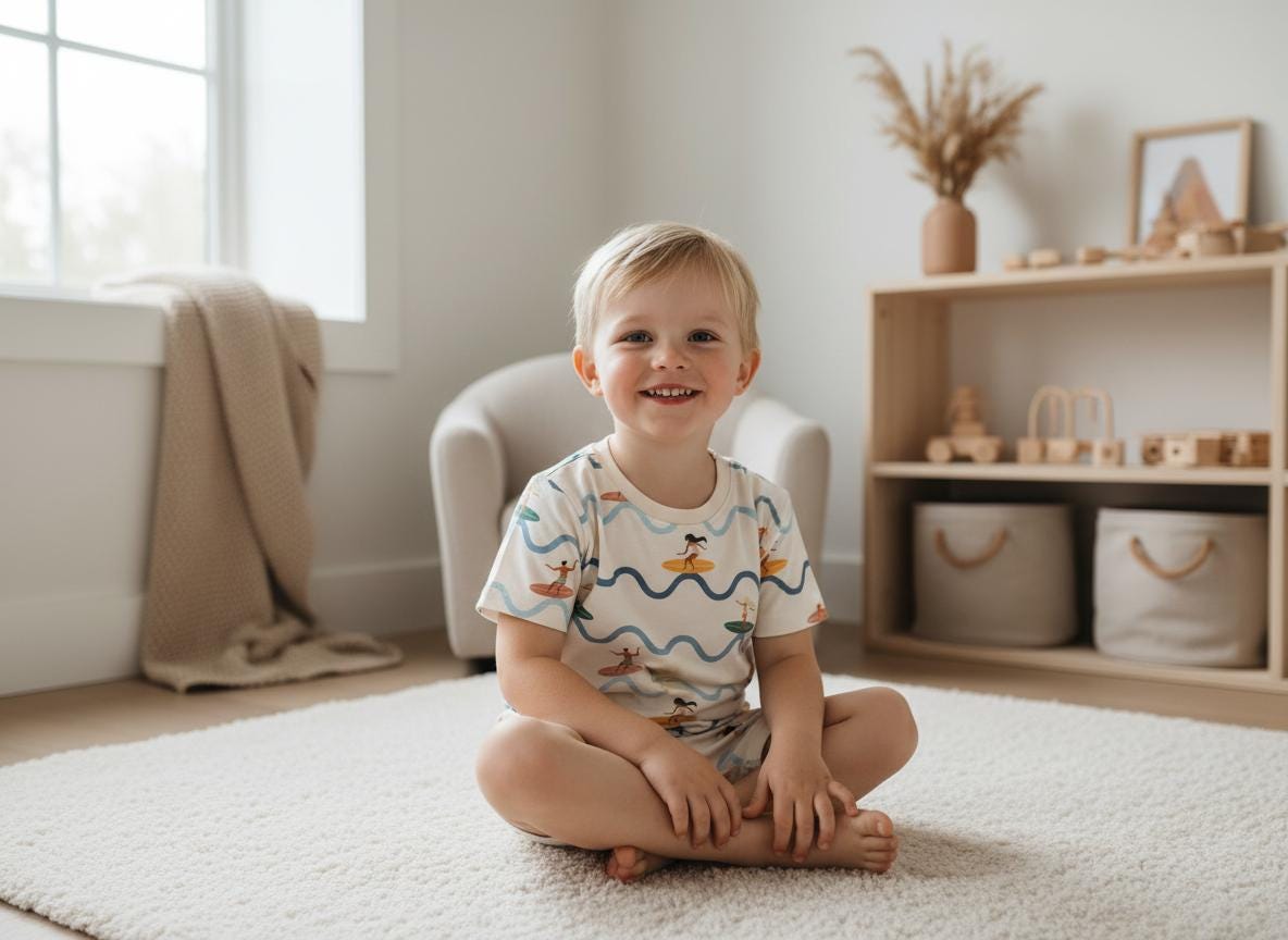 A short-sleeved cream-coloured t-shirt featuring a repeating pattern of blue wavy lines and small illustrations of figures on surfboards. The shirt has a crew neckline and is constructed from a lightweight fabric with a casual fit.