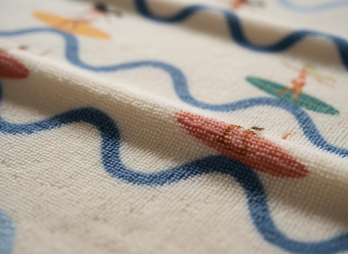 A cream-coloured fabric with a textured surface featuring a repeating pattern of blue wavy lines representing water. Small figures are depicted on yellow, green, and pink surfboards positioned between the blue waves on the textile.
