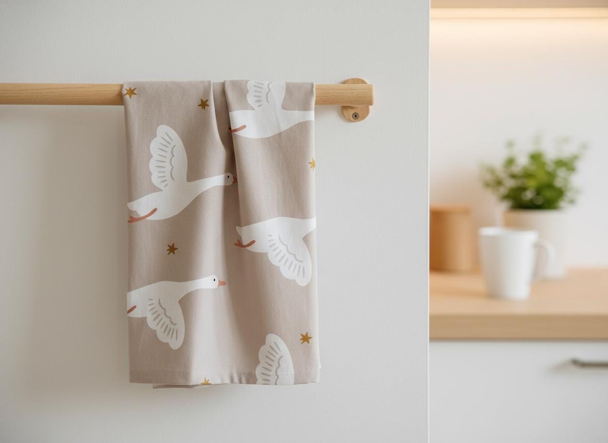 Tea towel printed with the Flying Goose pattern of white geese on a taupe background, hanging from a wooden rail in a kitchen.