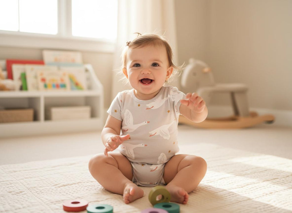A light grey short-sleeved bodysuit featuring a repeating pattern of white geese and small gold stars. The garment has a round neckline and snap closures at the bottom, designed for an infant to wear while sitting on a textured surface.