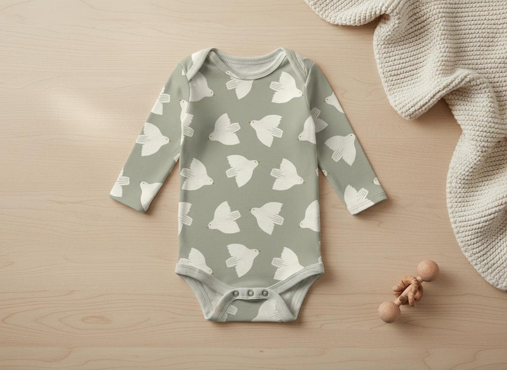 Long-sleeved sage green baby bodysuit with the White Bird pattern, laid flat beside a knitted blanket and a wooden toy.