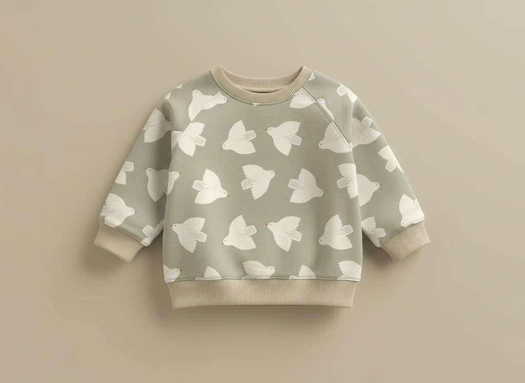 Sage green children's sweatshirt printed with the White Bird pattern of simple white birds in flight.