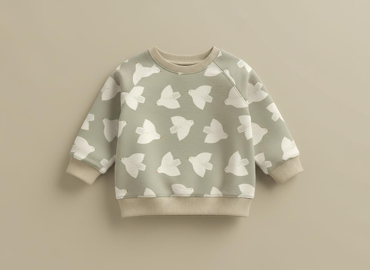 Sage green children's sweatshirt printed with the White Bird pattern of simple white birds in flight.