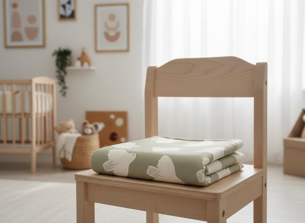 A folded sage green blanket featuring a repeating pattern of white birds in flight. The blanket is neatly stacked on a light-coloured wooden chair, showcasing a smooth fabric texture and a consistent, simple graphic design across the surface.