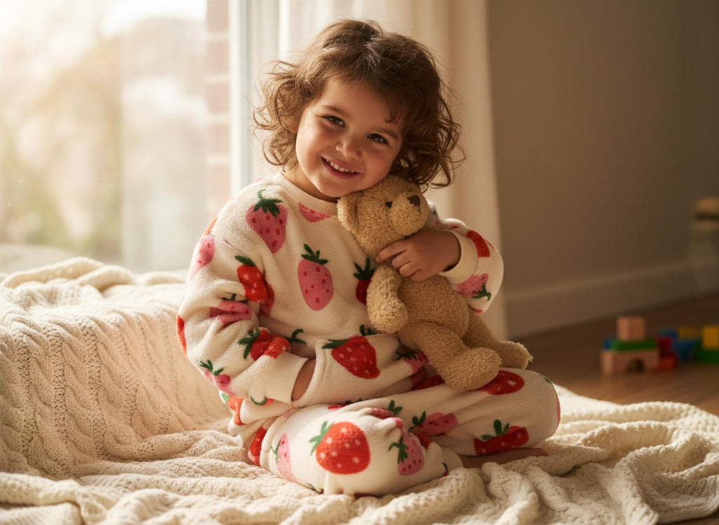 A two-piece pyjama set featuring a cream-coloured long-sleeve top and matching trousers, both decorated with a repeating pattern of red and pink strawberries with green leaves. The fabric appears to be a soft, plush fleece material.