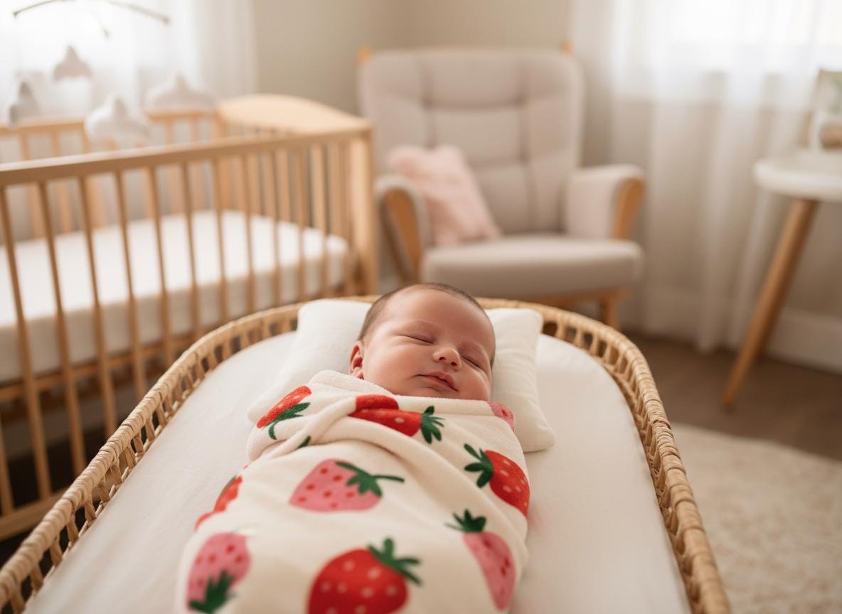 Newborn baby asleep in a woven Moses basket, swaddled in a blanket printed with the Strawberry pattern.