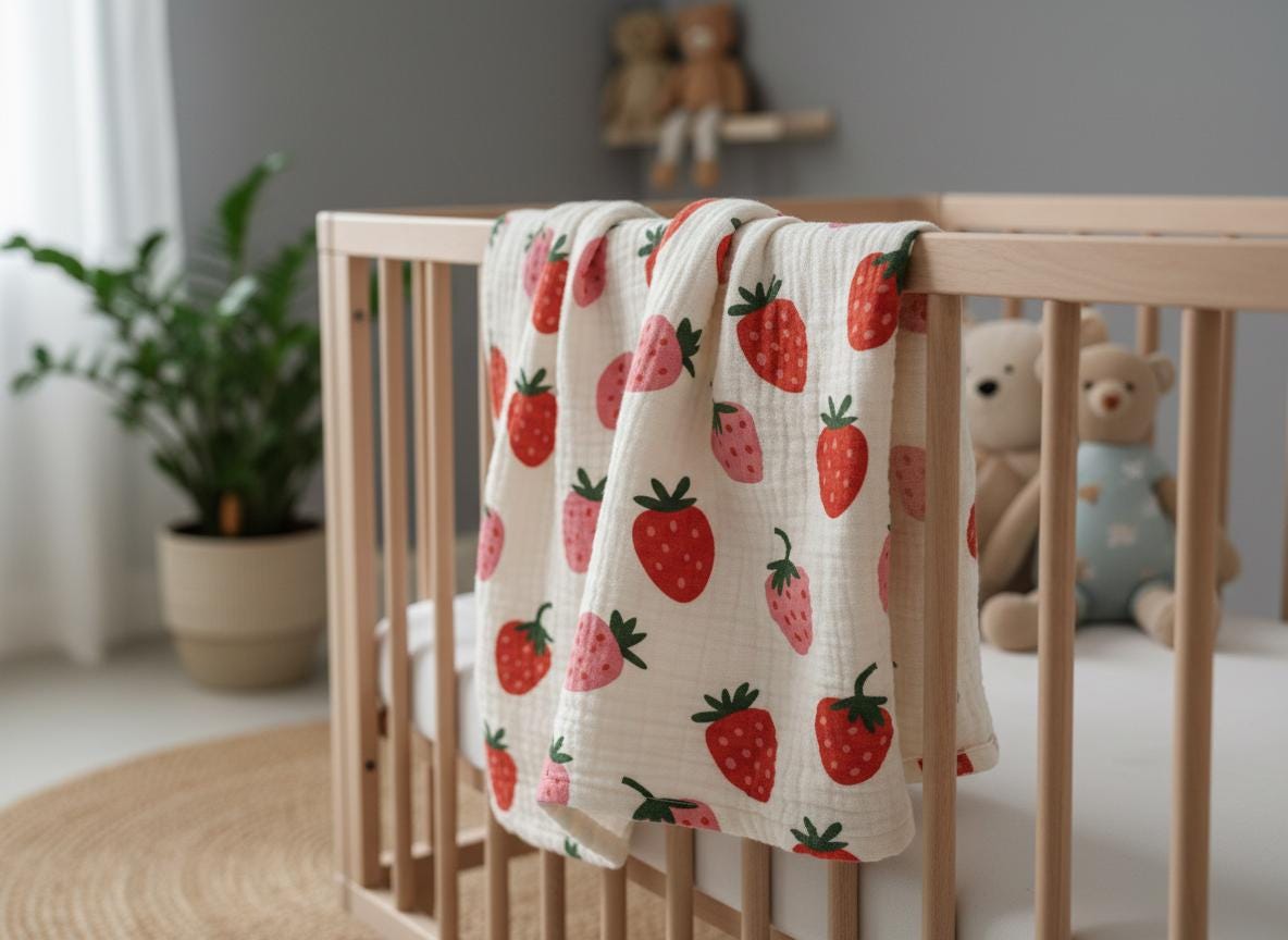 A cream-coloured muslin blanket featuring a repeating pattern of red and light pink strawberries with green stems. The lightweight fabric is draped over the wooden railing of a cot, showcasing the soft texture and fruit print.