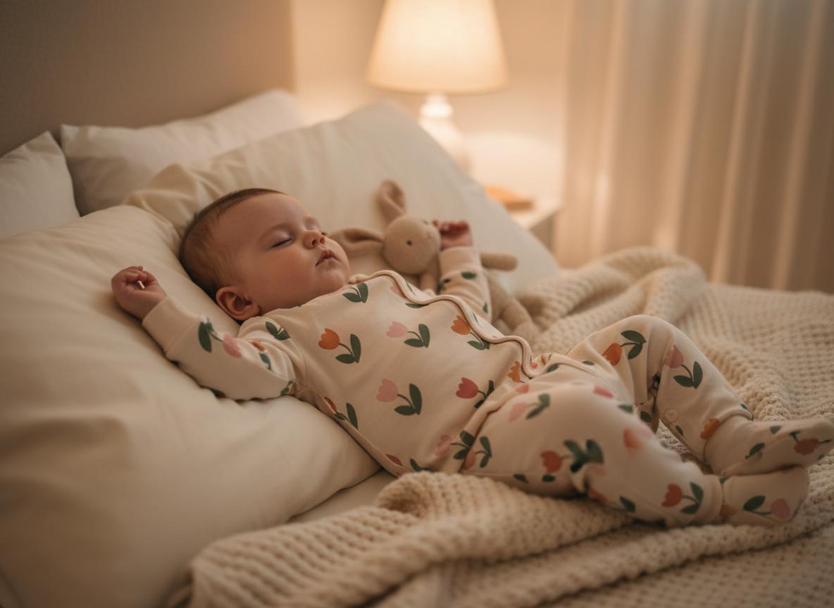 A baby wearing a cream-coloured long-sleeve footed sleeper with a repeating pattern of small pink and orange tulips with green leaves, lying on a pillow while holding a small, light brown plush rabbit toy with long ears.