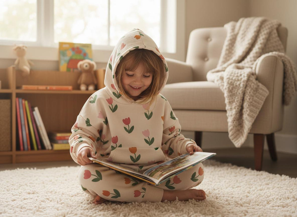 A cream-coloured hooded sweatshirt and matching trousers set featuring a repeating pattern of small pink, orange, and red tulips with green stems and leaves. The long-sleeved hoodie includes a front kangaroo pocket and a hood.