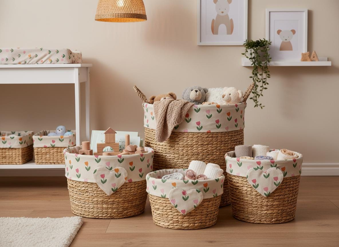 A set of four round woven seagrass storage baskets featuring a cream-coloured fabric liner with a repeating pink and orange tulip pattern. Each basket includes a heart-shaped fabric patch on the front and two side handles.