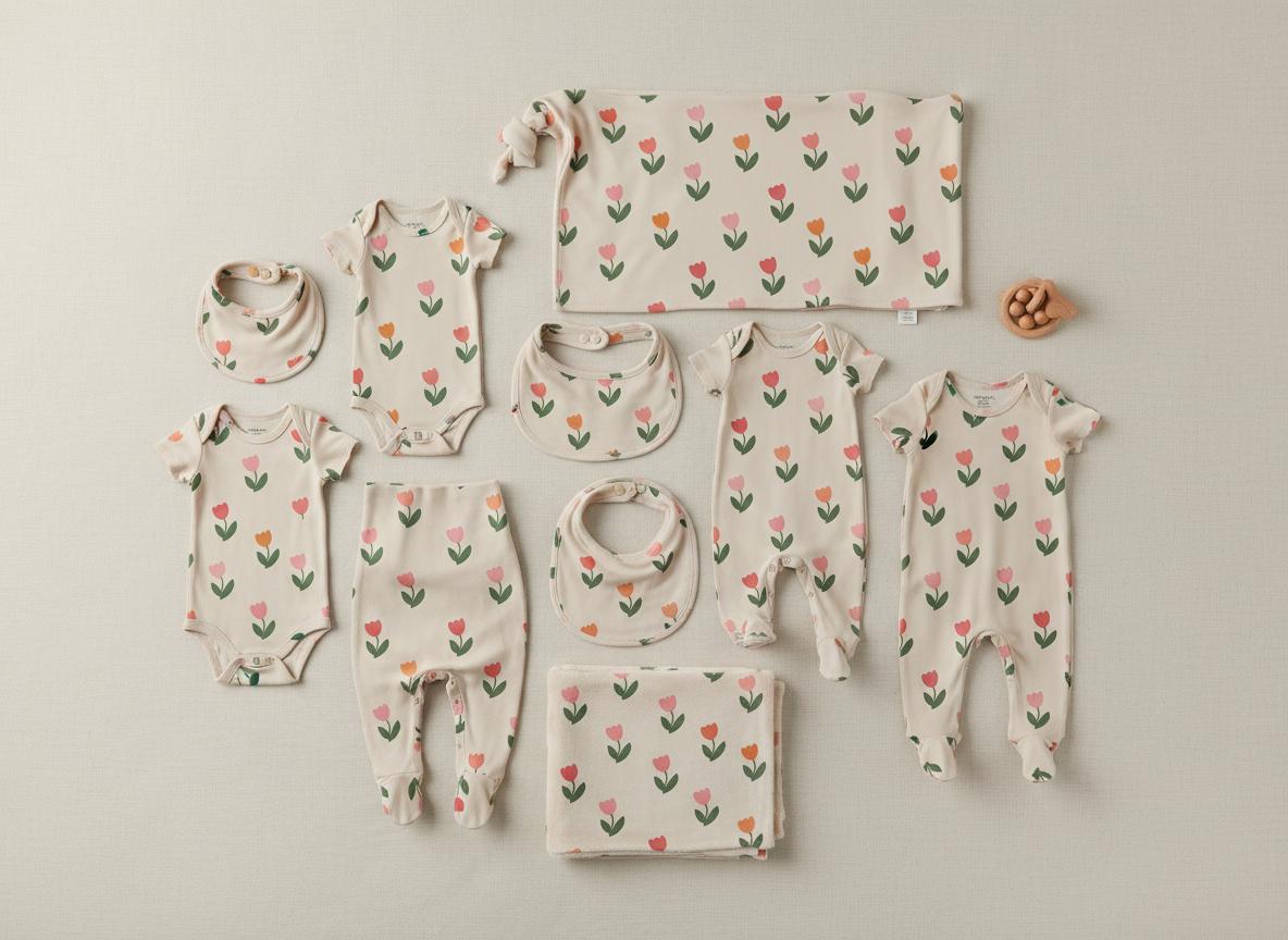 A collection of baby clothing and accessories in a cream colour featuring a repeating pattern of pink and orange tulips with green stems. The set includes three bodysuits, two pairs of footed trousers, three bibs, and two blankets.