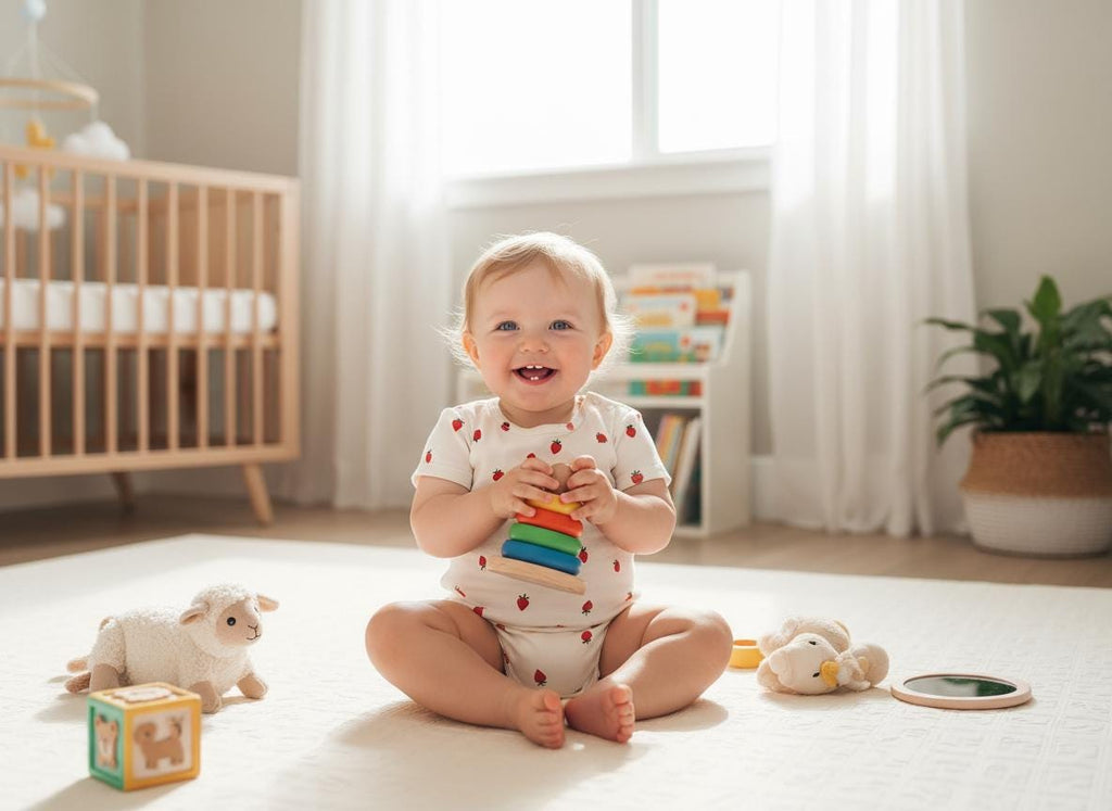A baby wearing a white short-sleeved bodysuit with a red strawberry print, sitting on a floor and holding a small, multi-coloured wooden stacking ring toy. Nearby are a plush sheep toy, a wooden block, and a small round mirror.