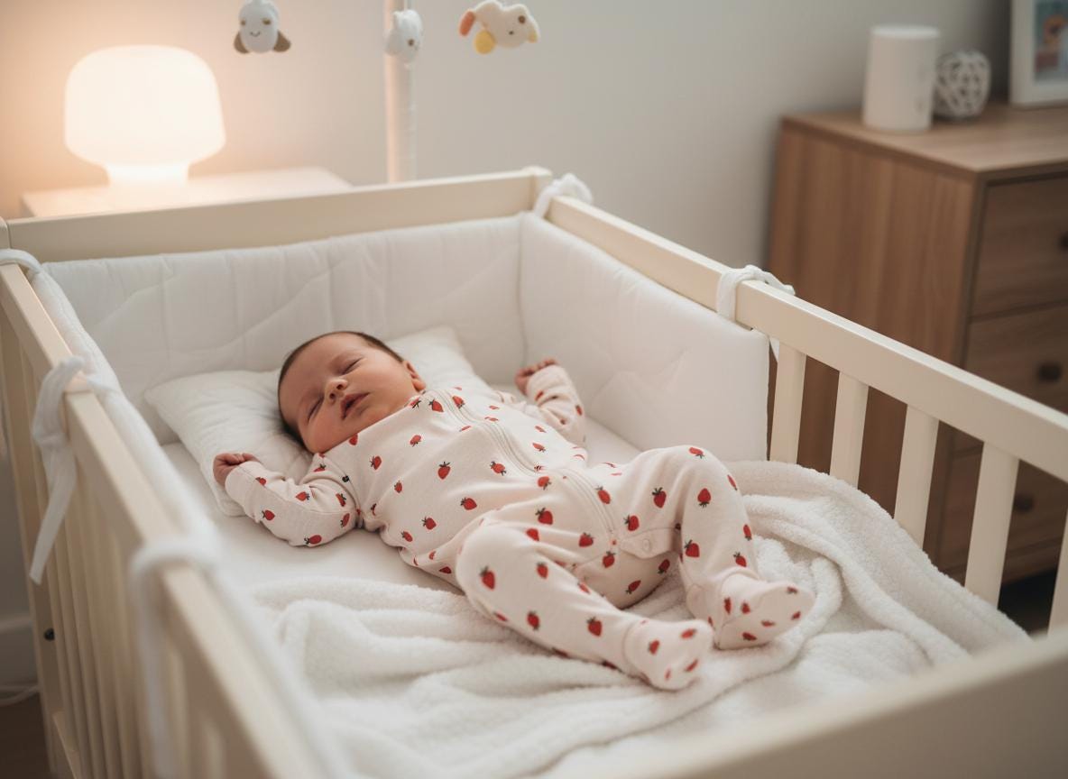 A sleeping infant wearing a cream-coloured long-sleeve footed sleeper with a red strawberry print. The infant lies on a white pillow inside a white wooden cot with white padded bumpers and a soft white blanket tucked underneath.