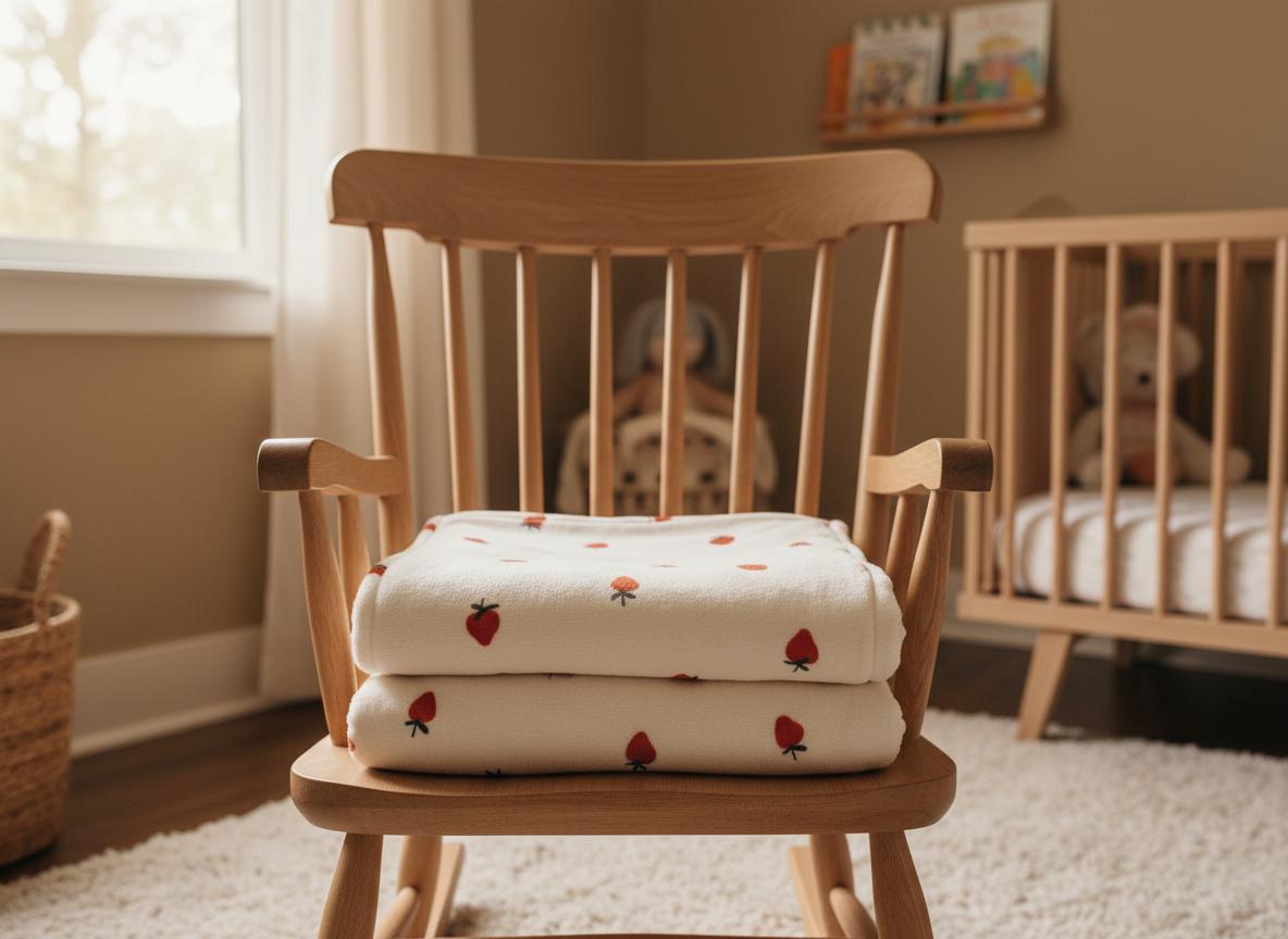 Folded blankets printed with the Minimal Strawberry pattern stacked on a wooden rocking chair in a nursery.