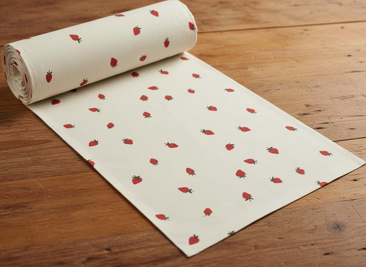 A roll of off-white fabric featuring a repeating pattern of small red strawberries with green stems. The fabric is partially unrolled, displaying the strawberry print across the surface of the textile material in a consistent layout.