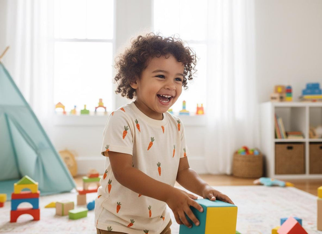 A short-sleeved, cream-coloured t-shirt featuring a repeating pattern of small orange carrots with green tops. The shirt has a crew neckline and is made of a lightweight fabric, showcasing a simple and functional design for everyday wear.