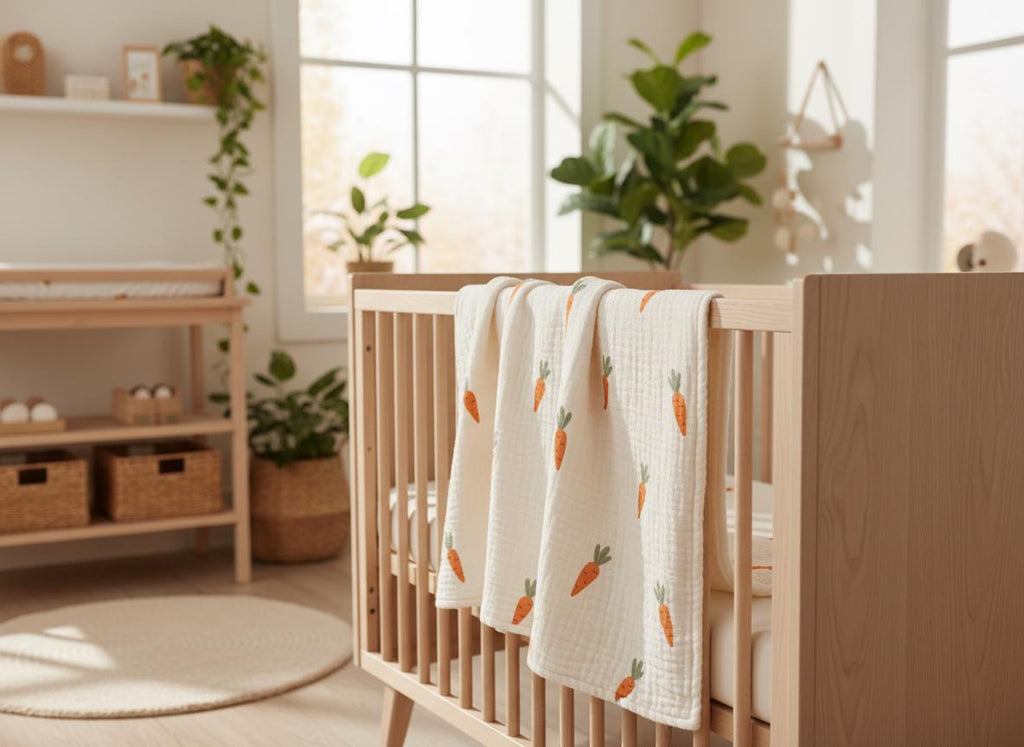 A cream-coloured muslin baby blanket featuring a repeating pattern of small orange carrots with green tops. The lightweight, textured fabric is draped over the side of a light-toned wooden cot, showcasing its soft, breathable material.