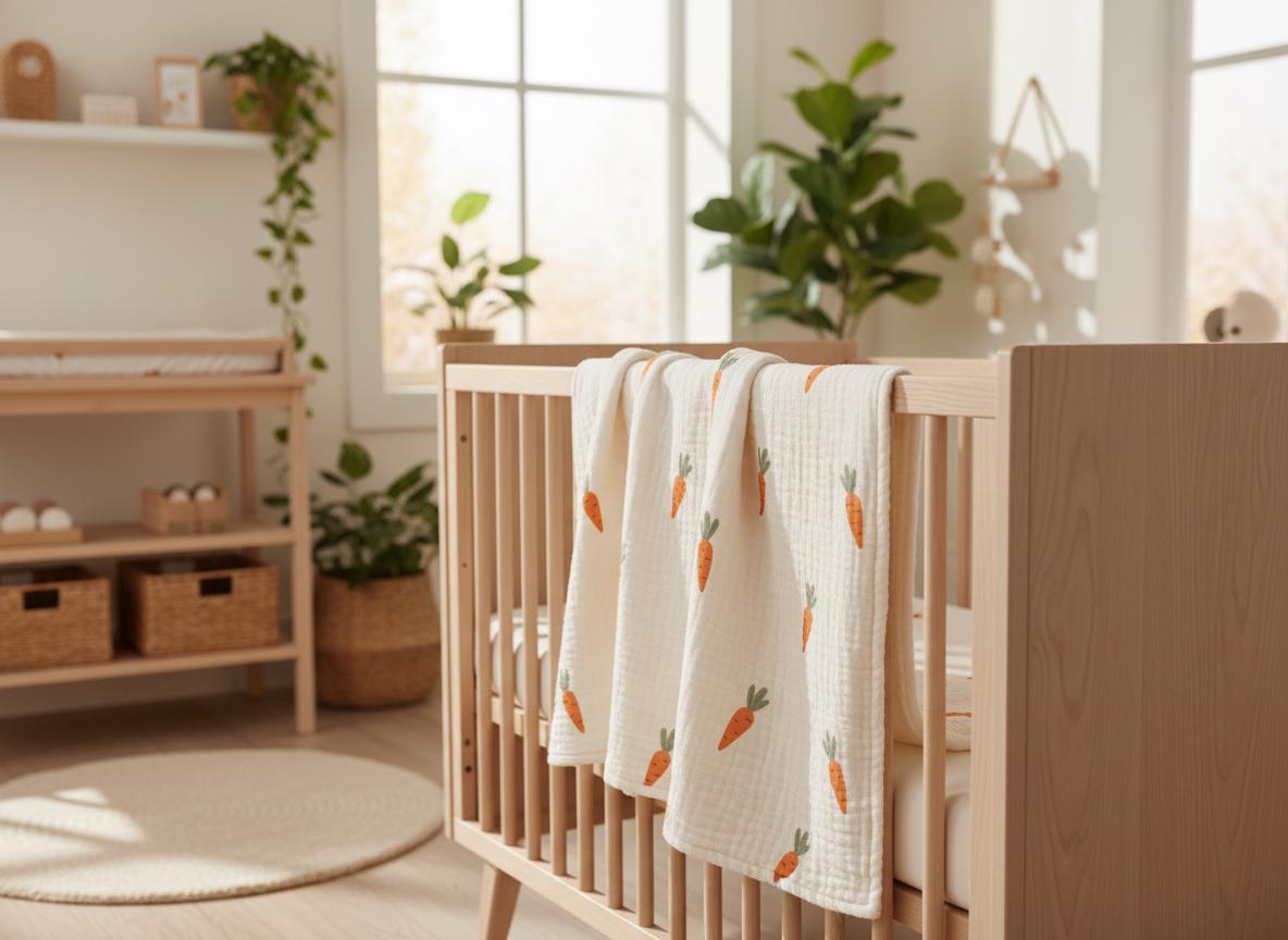 A cream-coloured muslin baby blanket featuring a repeating pattern of small orange carrots with green tops. The lightweight, textured fabric is draped over the side of a light-toned wooden cot, showcasing its soft, breathable material.