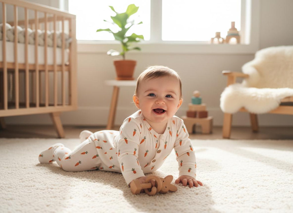 A long-sleeved, footed sleepsuit in an off-white colour featuring a repeating pattern of small orange carrots with green tops. The garment has a front button closure and is worn by a smiling infant lying on a soft surface.