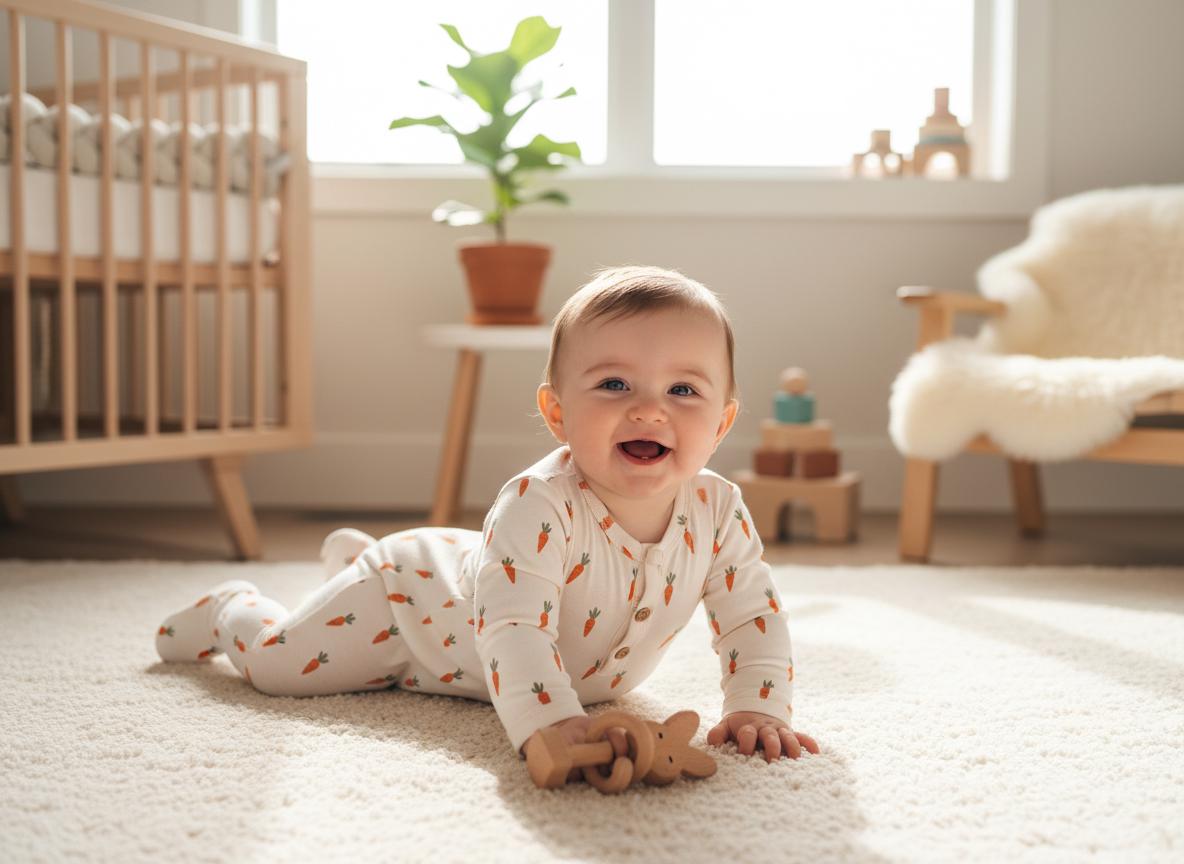 A long-sleeved, footed sleepsuit in an off-white colour featuring a repeating pattern of small orange carrots with green tops. The garment has a front button closure and is worn by a smiling infant lying on a soft surface.