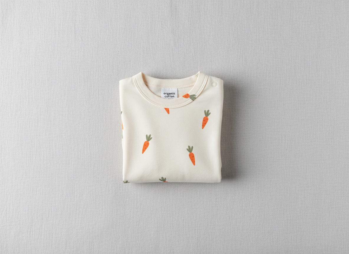 Folded cream children's top printed with the Carrot pattern of small orange carrots with green tops.