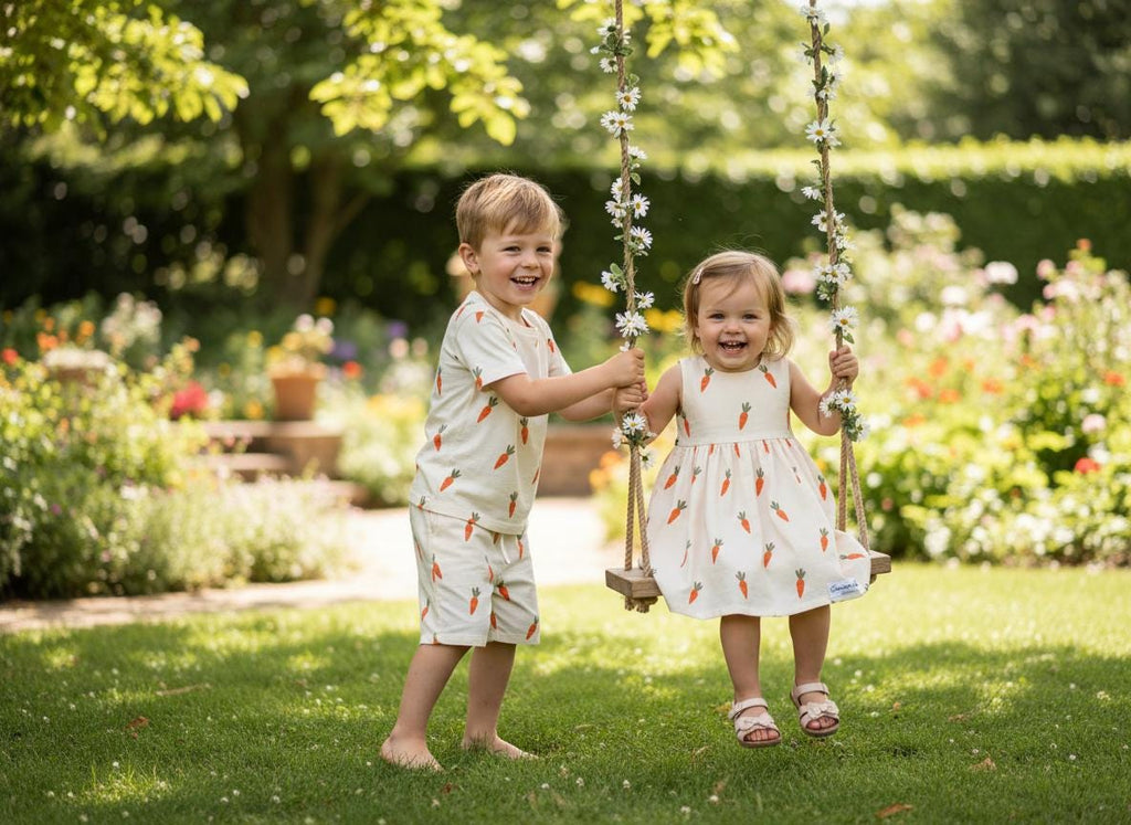 Two toddlers on a garden swing wearing a shirt, shorts and dress printed with the Carrot pattern.