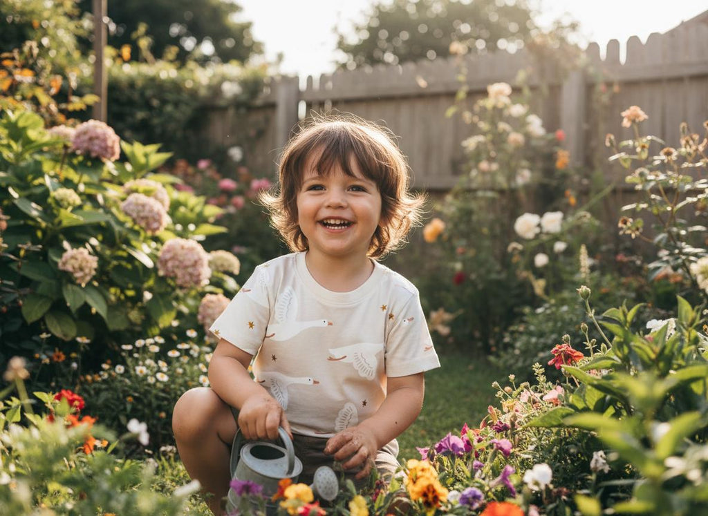 A cream-coloured short-sleeve t-shirt featuring a repeating pattern of white flying geese and small gold stars, paired with a small grey metal watering can, worn by a child with shoulder-length brown hair in a garden setting.