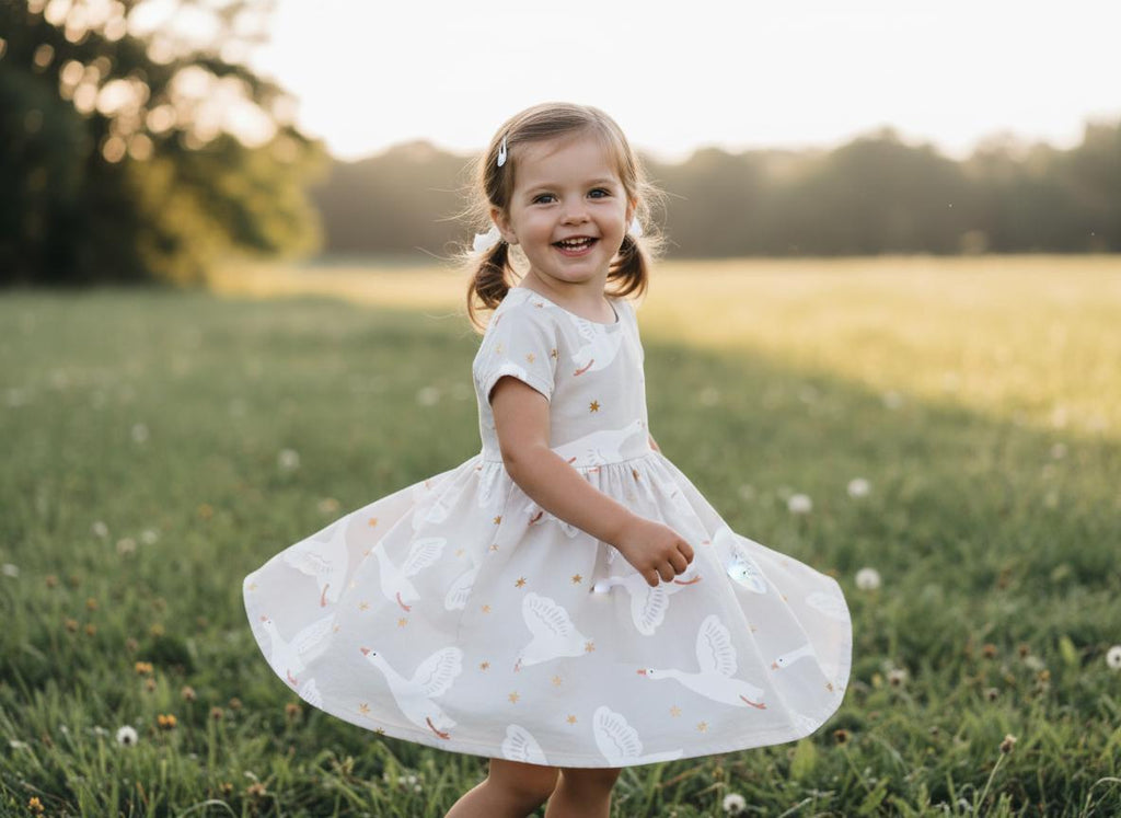 A short-sleeved dress in a light beige colour featuring a repeating pattern of white geese in flight and small gold stars. The dress has a round neckline and a flared skirt that creates a circular shape when the fabric is in motion.