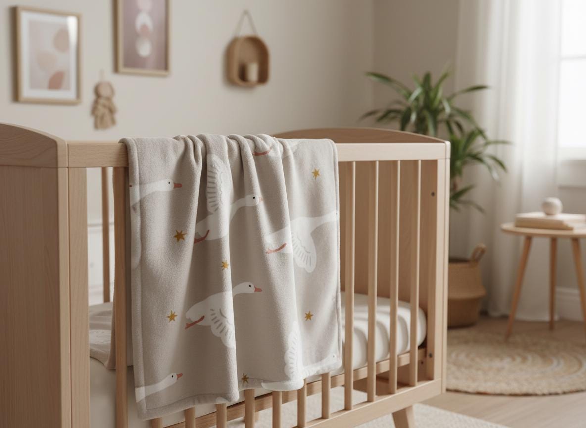 Taupe blanket with the Flying Goose pattern of white geese in flight, draped over a wooden cot in a calm nursery.