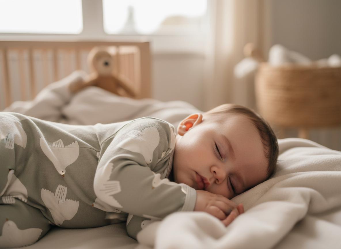 A long-sleeved, sage green sleepsuit featuring a repeating white bird pattern. The garment is made of soft fabric and covers the arms and legs, worn by a sleeping infant resting on a white blanket in a nursery setting.