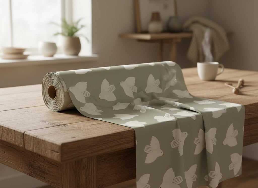 A roll of sage green fabric featuring a repeating pattern of white stylised birds in flight. The fabric is partially unrolled, displaying the bird motif across the surface, with a visible cardboard core at the end of the roll.
