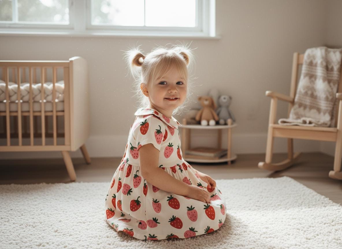 A cream-coloured short-sleeve dress featuring a repeating pattern of red strawberries with green leaves. The dress has a rounded collar, a fitted bodice, and a gathered skirt that flares out, creating a simple and classic silhouette.