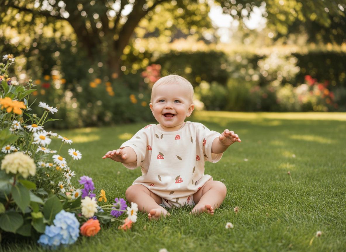A happy baby in a cream onesie with red mushroom and leaf prints sits on grass. The background shows a garden with flowers and a tree, illuminated by sunlight. The scene evokes a sense of joy.