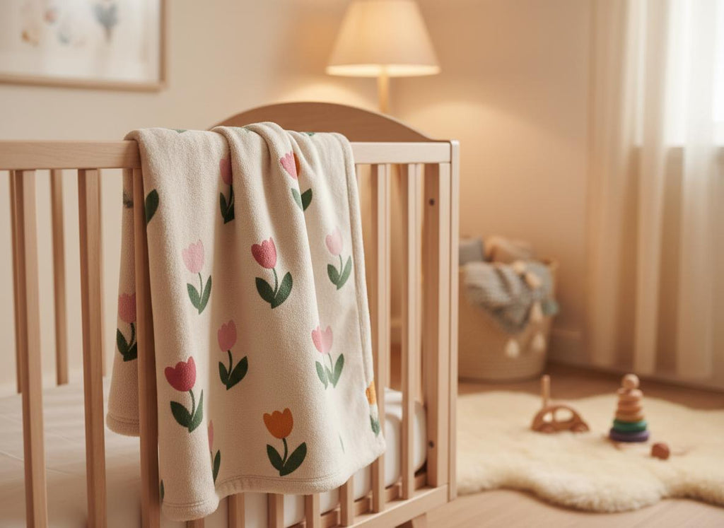 A cream-coloured baby blanket featuring a repeating pattern of small tulips in shades of pink, red, and orange with dark green stems and leaves. The blanket is draped over the wooden railing of a light-coloured slatted crib.