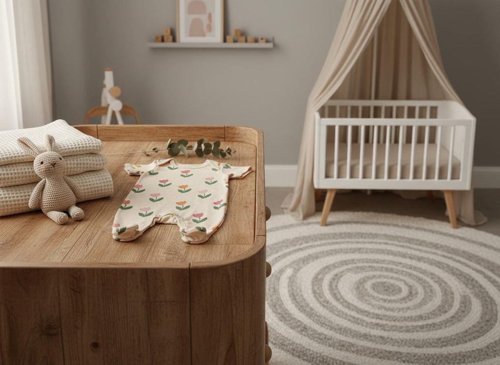 A cream-coloured baby footie pyjama featuring a repeating pattern of small pink and orange flowers with green stems, laid flat on a wooden surface next to a stack of folded white blankets and a small crocheted beige rabbit toy.