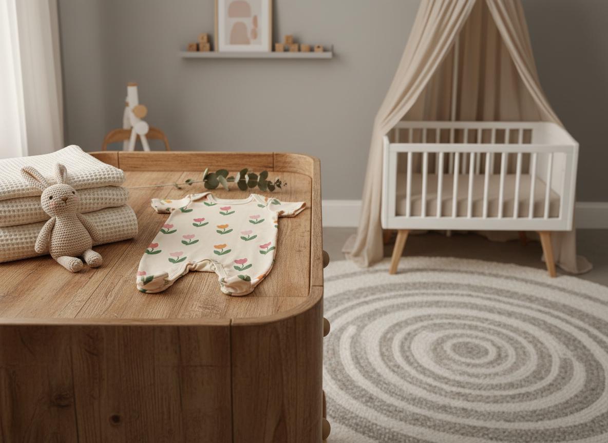 A cream-coloured baby footie pyjama featuring a repeating pattern of small pink and orange flowers with green stems, laid flat on a wooden surface next to a stack of folded white blankets and a small crocheted beige rabbit toy.