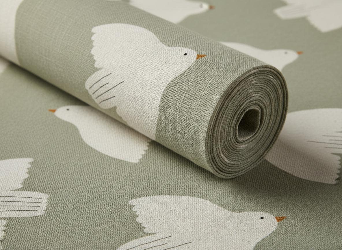 A roll of sage green fabric featuring a repeating pattern of white birds with orange beaks. The textile has a visible woven texture and is partially unrolled, displaying the bird motif across the surface of the material.