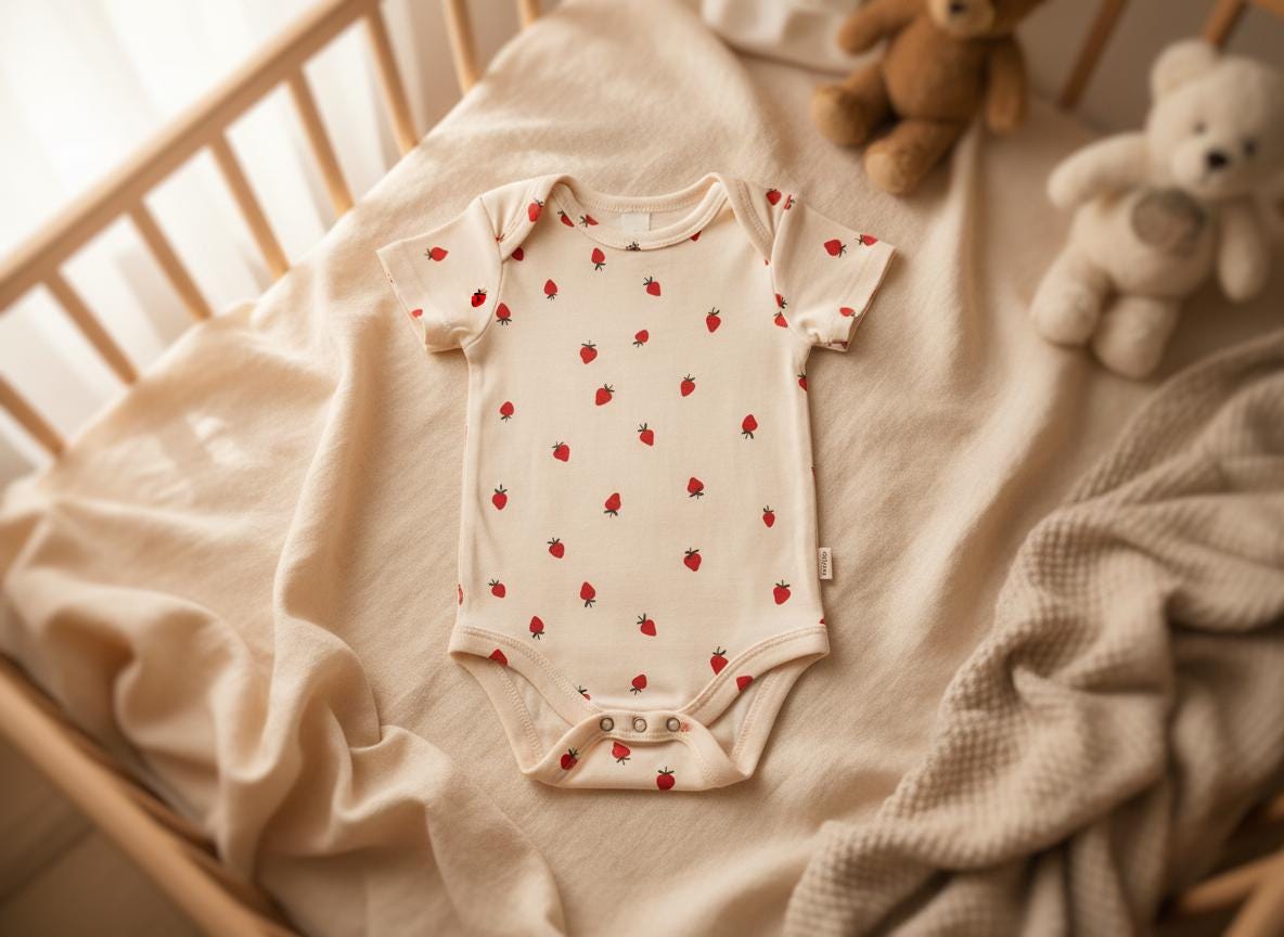 Cream baby bodysuit with the Minimal Strawberry pattern lying on a beige blanket in a wooden cot beside teddy bears.