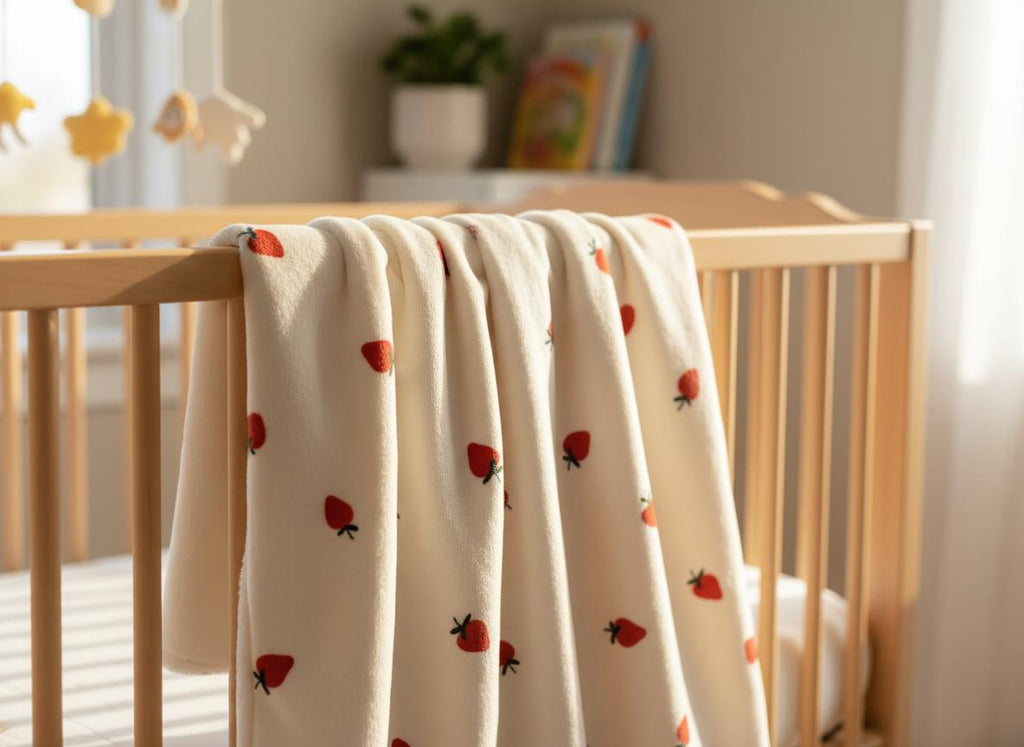 Cream blanket with the Minimal Strawberry pattern of small red strawberries draped over a wooden cot.